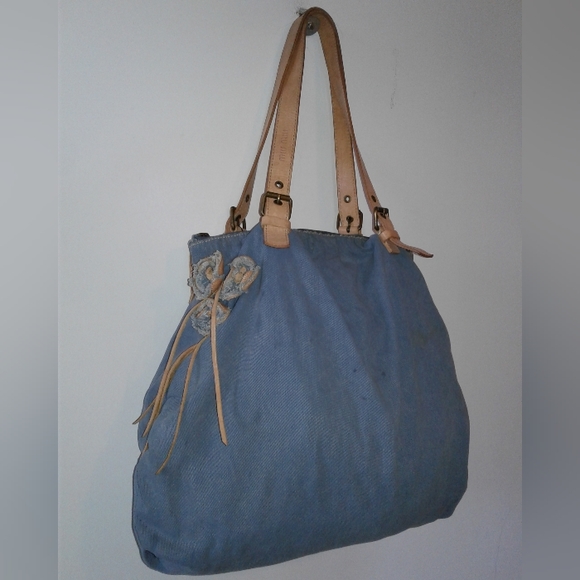 miu miu shoulder bag flower motif blue denim canvas tan leather tote hand-bag - Picture 7 of 11